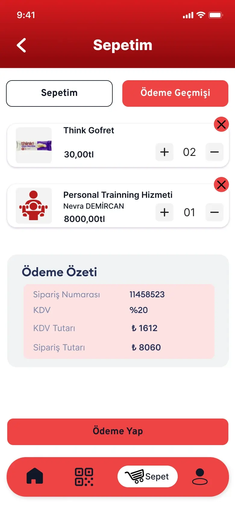 GymExxtra app screenshot - My cart